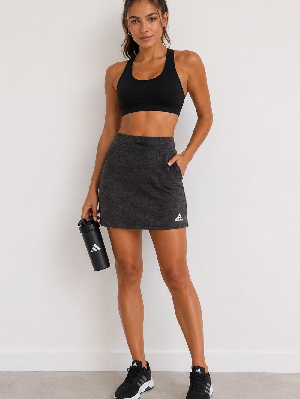 Adidas Dark Heather Gray Sweat Skirt Medium | Drawstring Athleisure Terry Mini